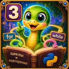 Обложка курса «Пайтландия. Книга 3: циклы и повторения в Python» на Stepik